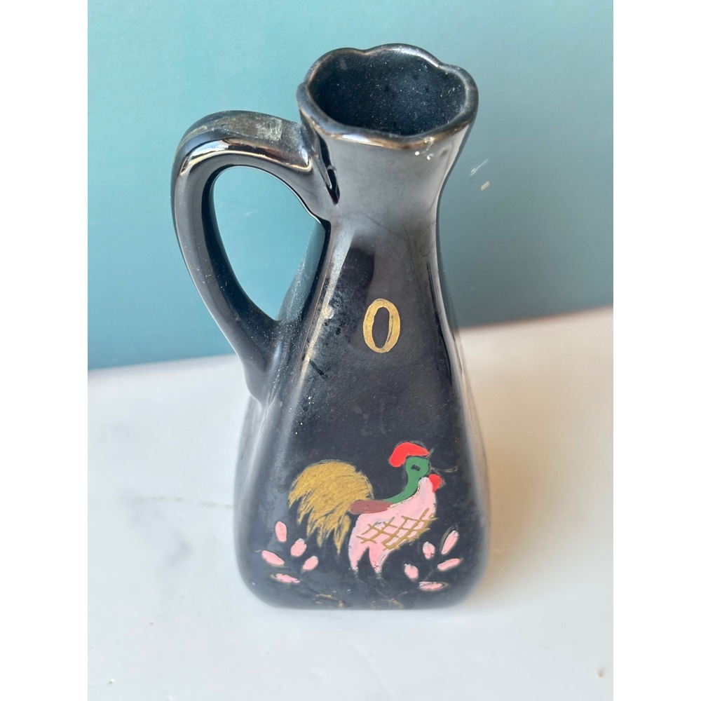 Vintage Miniature Black Ceramic Rooster Pitcher Hand Painted Bud Vase 4.75"